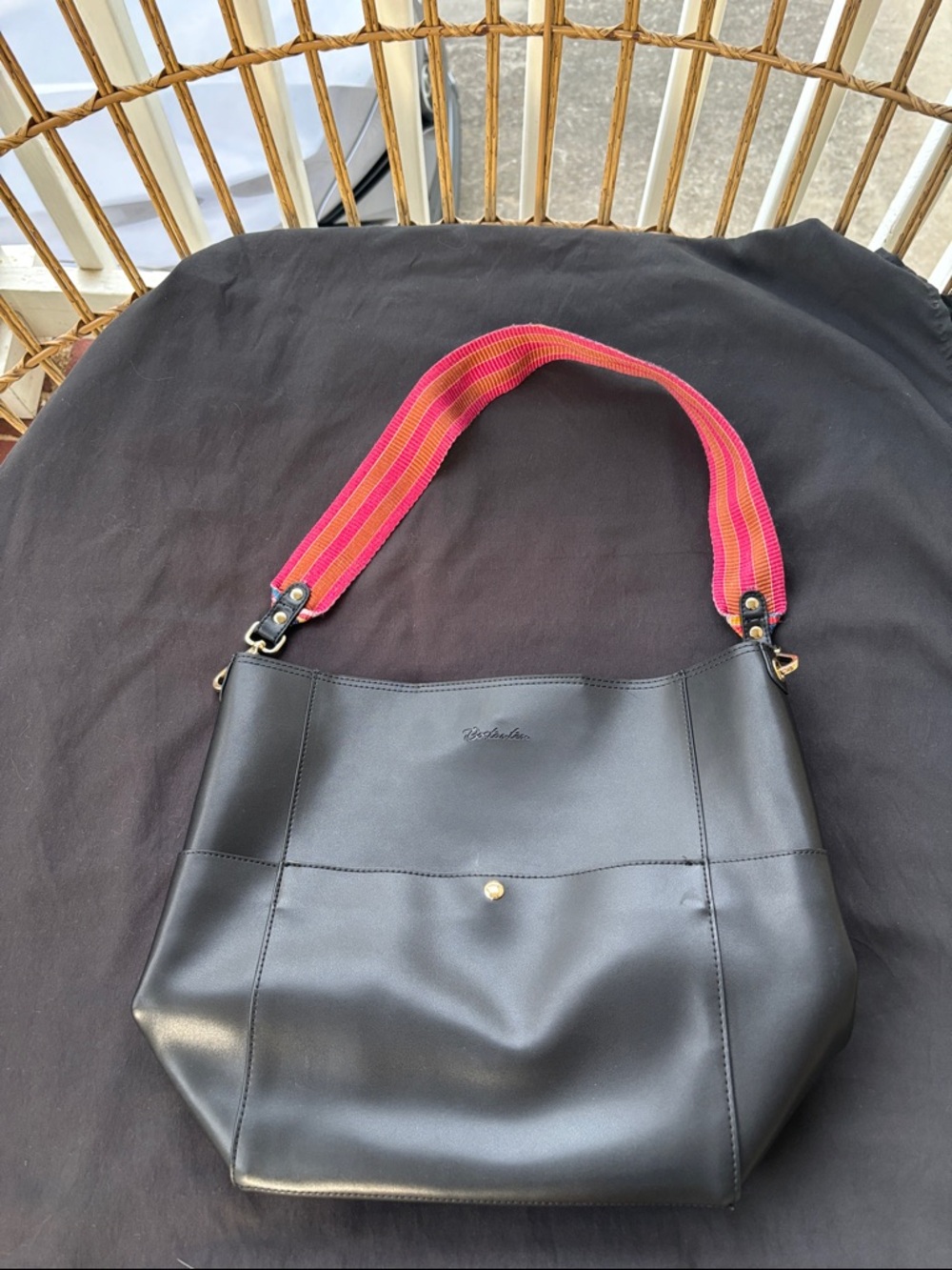 Bostonian Black Shoulder Bag with Pink and Orange Striped Strap